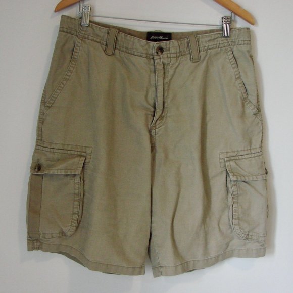 Khaki Cargo Shorts Flat Front Eddie Bauer Linen Cotton Utility Pockets Size 34 - Picture 1 of 10